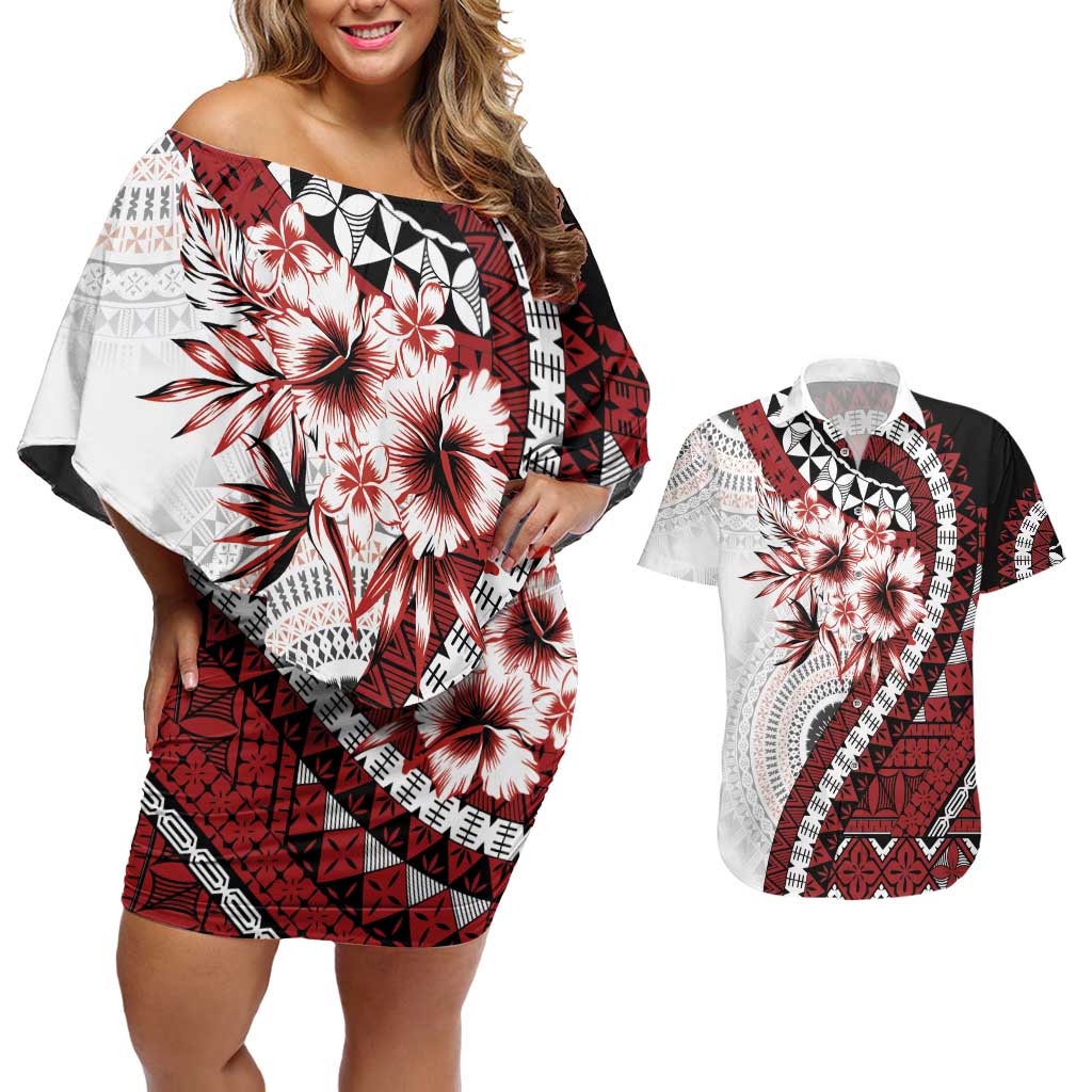 Bula Fiji Couples Matching Off Shoulder Short Dress and Hawaiian Shirt White Kaivity Masi Tapa LT7 White - Polynesian Pride