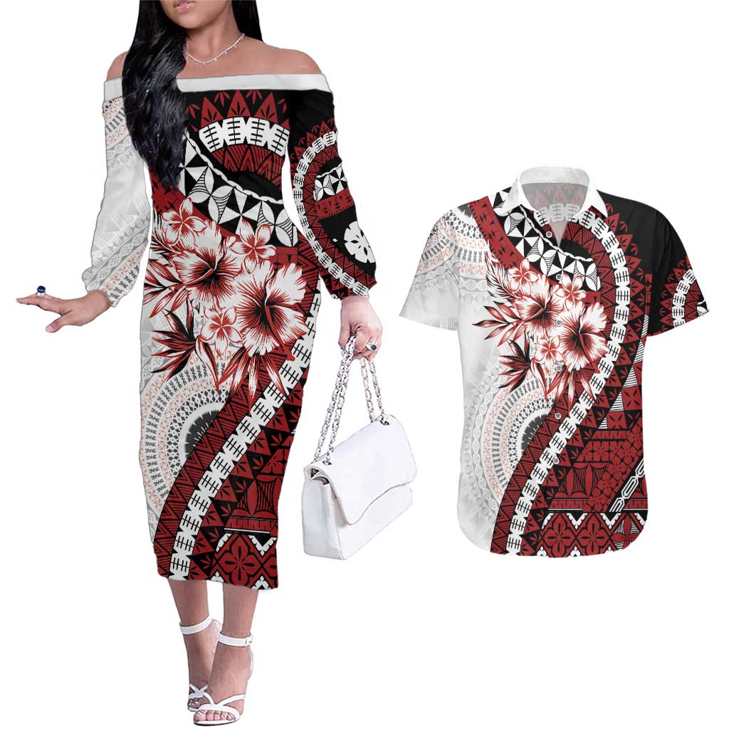 Bula Fiji Couples Matching Off The Shoulder Long Sleeve Dress and Hawaiian Shirt White Kaivity Masi Tapa LT7 White - Polynesian Pride