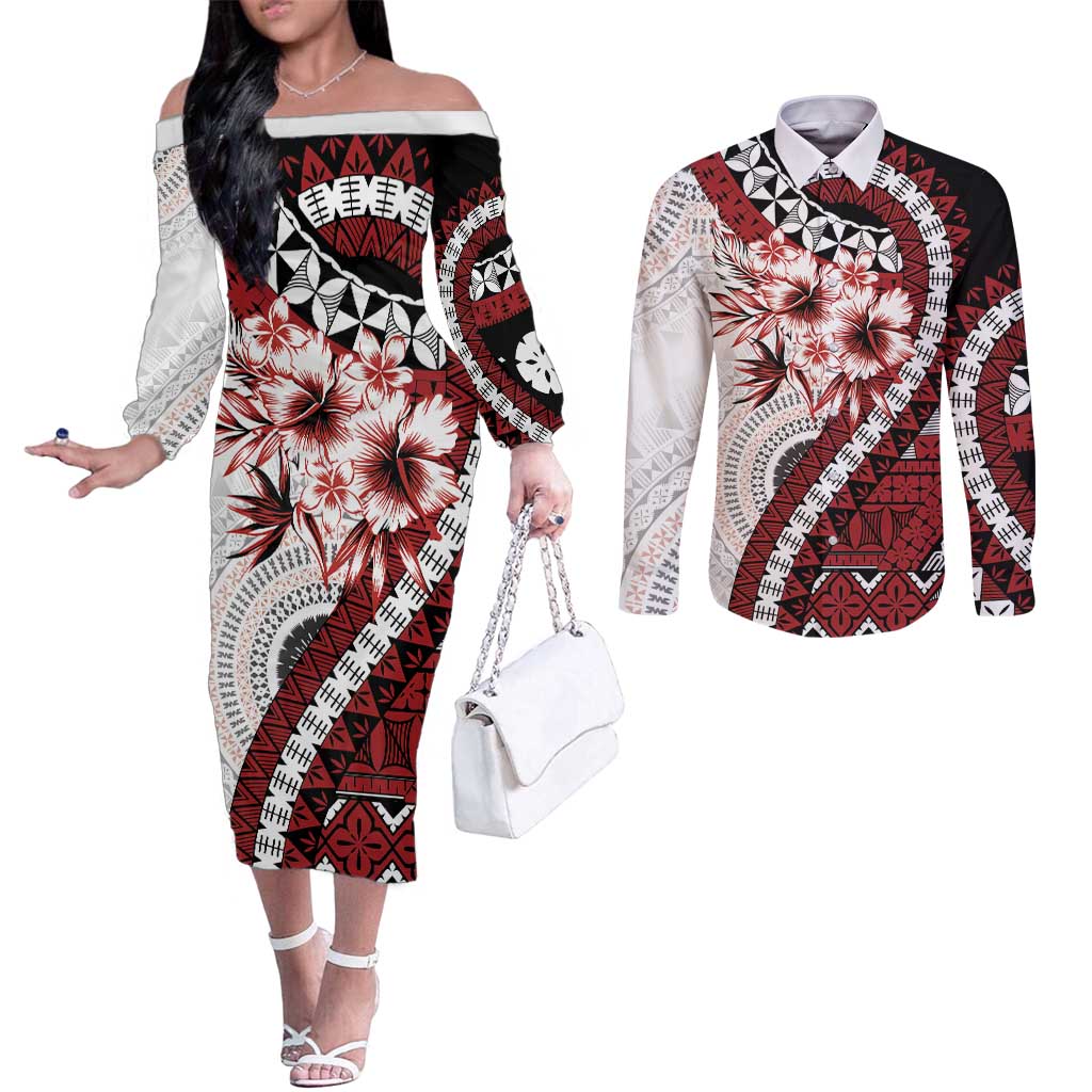 Bula Fiji Couples Matching Off The Shoulder Long Sleeve Dress and Long Sleeve Button Shirt White Kaivity Masi Tapa LT7 White - Polynesian Pride