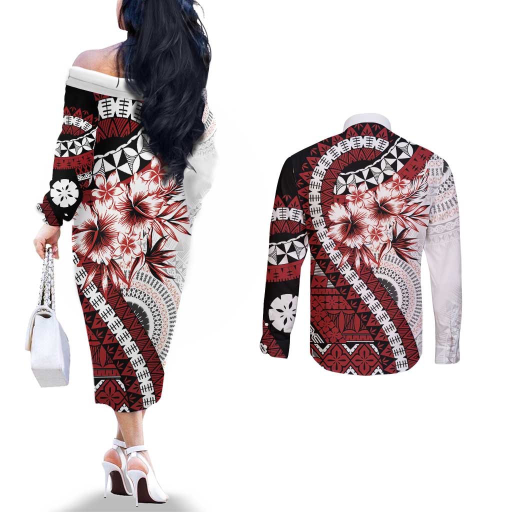Bula Fiji Couples Matching Off The Shoulder Long Sleeve Dress and Long Sleeve Button Shirt White Kaivity Masi Tapa LT7 - Polynesian Pride