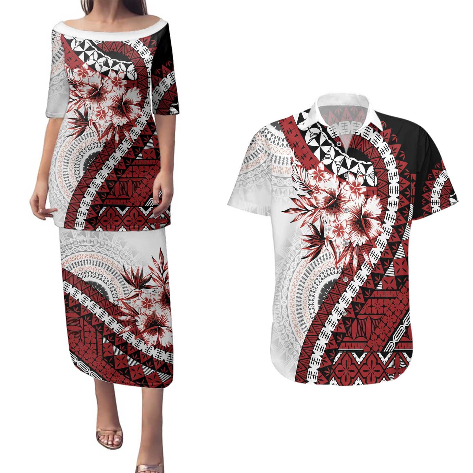 Bula Fiji Couples Matching Puletasi and Hawaiian Shirt White Kaivity Masi Tapa LT7 White - Polynesian Pride