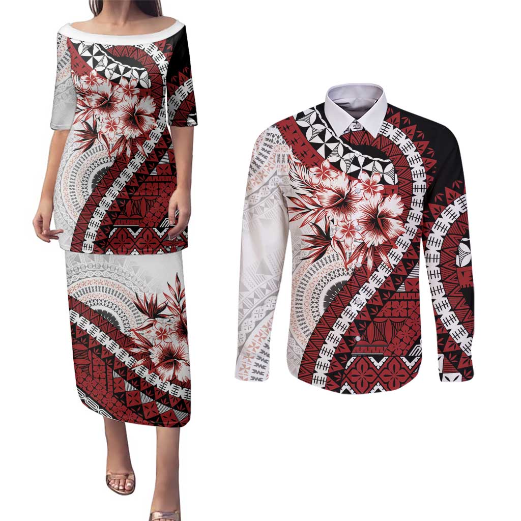 Bula Fiji Couples Matching Puletasi and Long Sleeve Button Shirt White Kaivity Masi Tapa LT7 White - Polynesian Pride