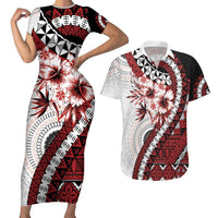 Bula Fiji Couples Matching Short Sleeve Bodycon Dress and Hawaiian Shirt White Kaivity Masi Tapa LT7 White - Polynesian Pride