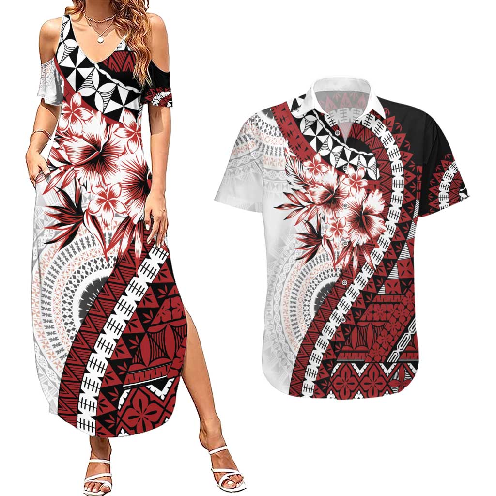 Bula Fiji Couples Matching Summer Maxi Dress and Hawaiian Shirt White Kaivity Masi Tapa LT7 White - Polynesian Pride