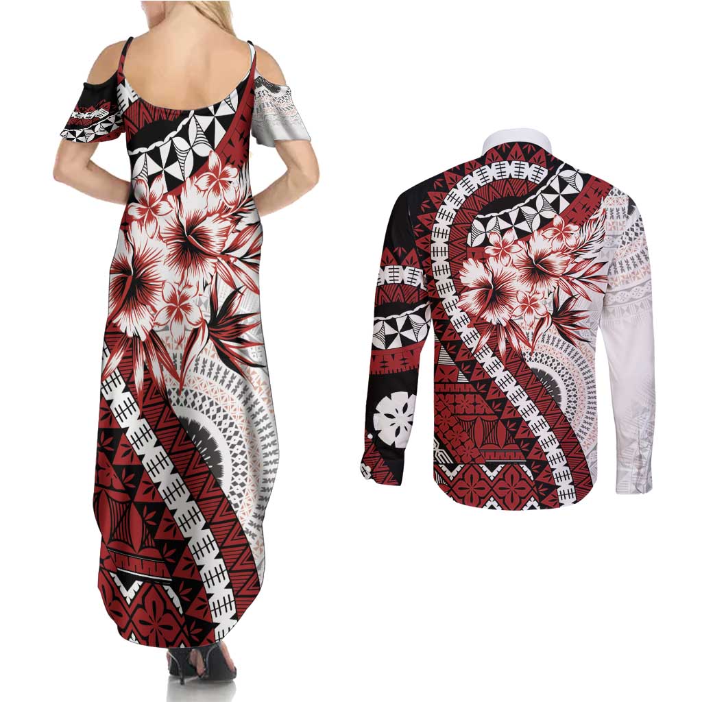 Bula Fiji Couples Matching Summer Maxi Dress and Long Sleeve Button Shirt White Kaivity Masi Tapa