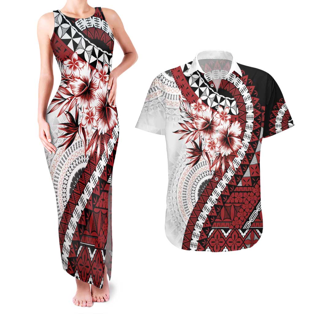 Bula Fiji Couples Matching Tank Maxi Dress and Hawaiian Shirt White Kaivity Masi Tapa LT7 White - Polynesian Pride