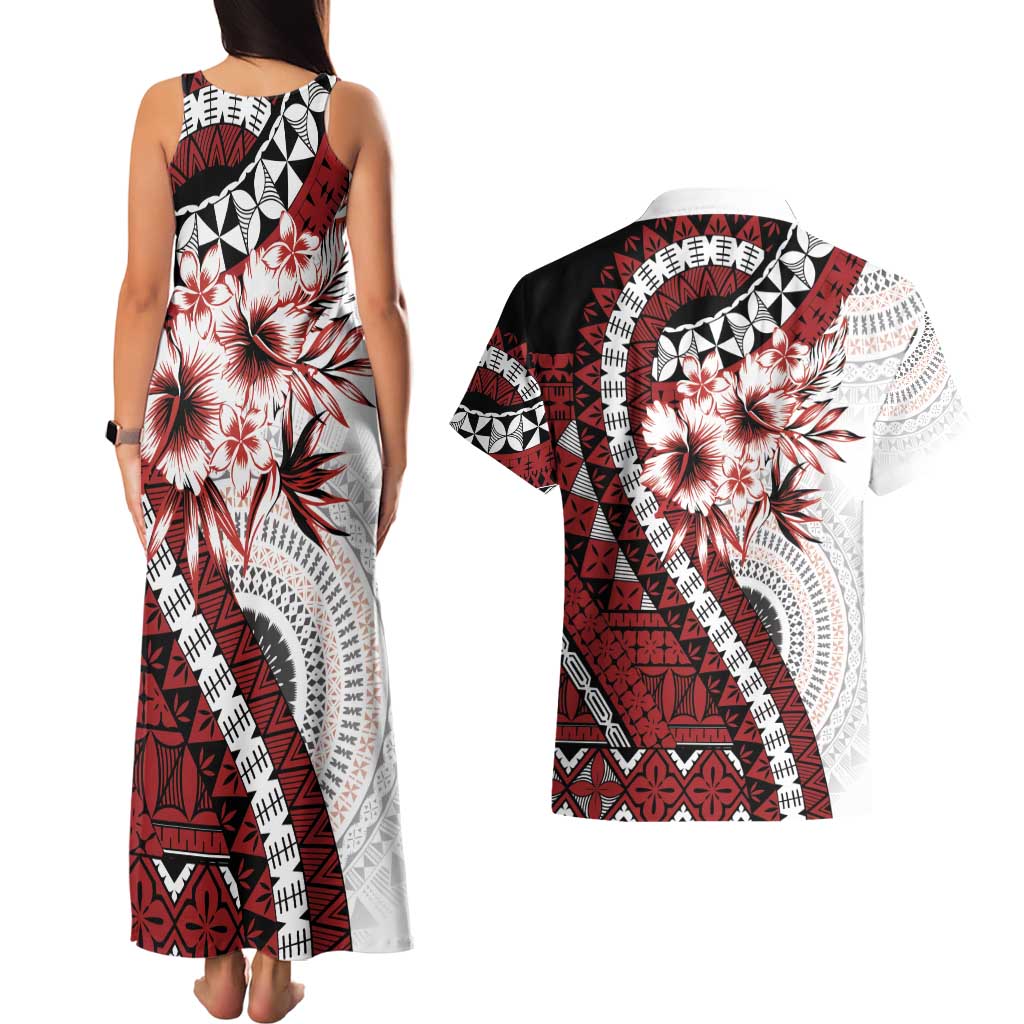 Bula Fiji Couples Matching Tank Maxi Dress and Hawaiian Shirt White Kaivity Masi Tapa LT7 - Polynesian Pride