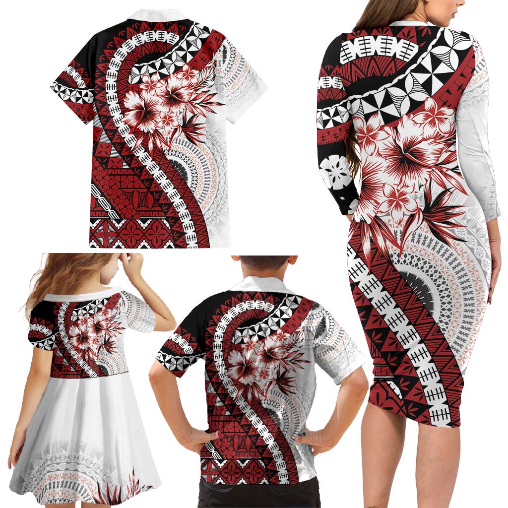 Bula Fiji Family Matching Long Sleeve Bodycon Dress and Hawaiian Shirt White Kaivity Masi Tapa LT7 - Polynesian Pride