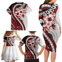 Bula Fiji Family Matching Long Sleeve Bodycon Dress and Hawaiian Shirt White Kaivity Masi Tapa LT7 - Polynesian Pride