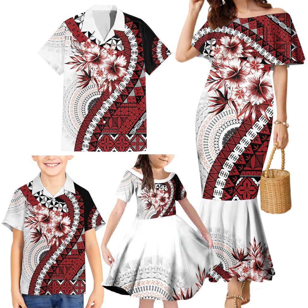 Bula Fiji Family Matching Mermaid Dress and Hawaiian Shirt White Kaivity Masi Tapa LT7 - Polynesian Pride