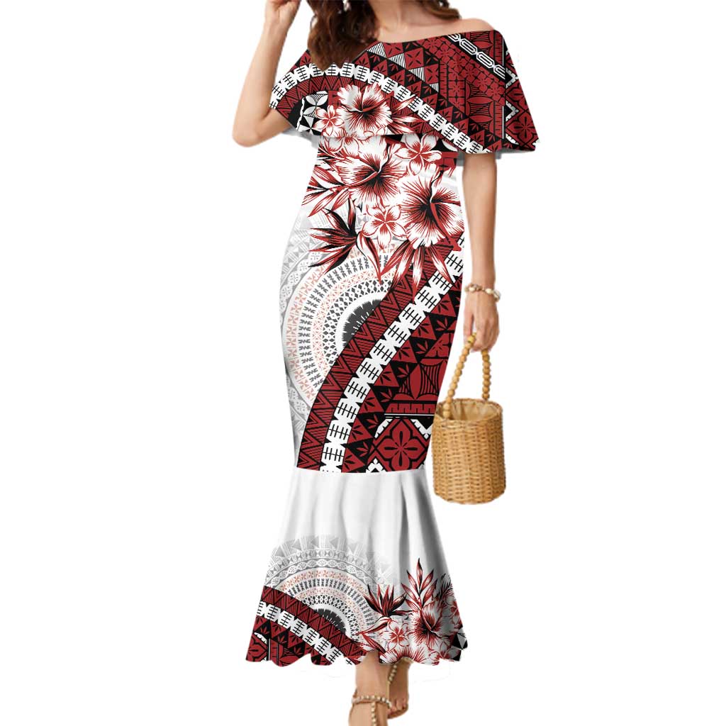 Bula Fiji Family Matching Mermaid Dress and Hawaiian Shirt White Kaivity Masi Tapa LT7 Mom's Dress White - Polynesian Pride