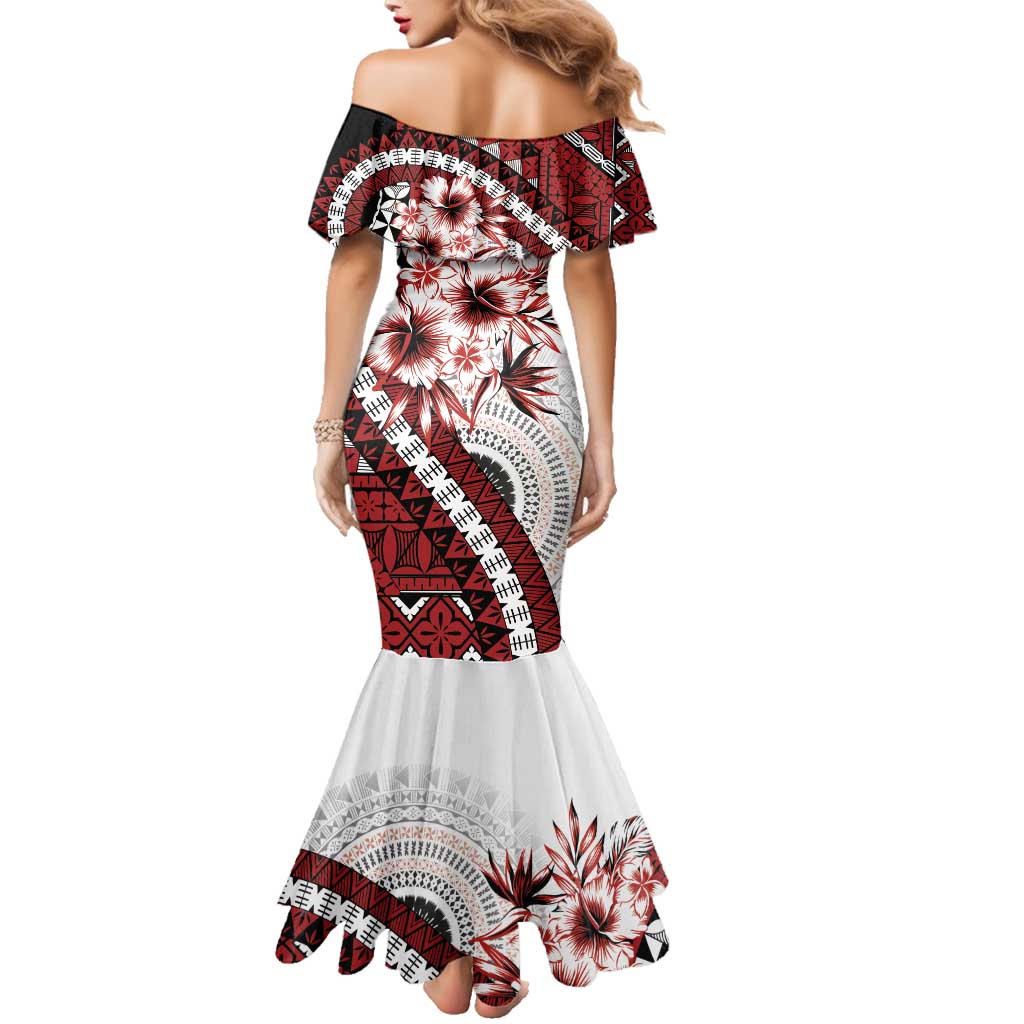 Bula Fiji Family Matching Mermaid Dress and Hawaiian Shirt White Kaivity Masi Tapa LT7 - Polynesian Pride