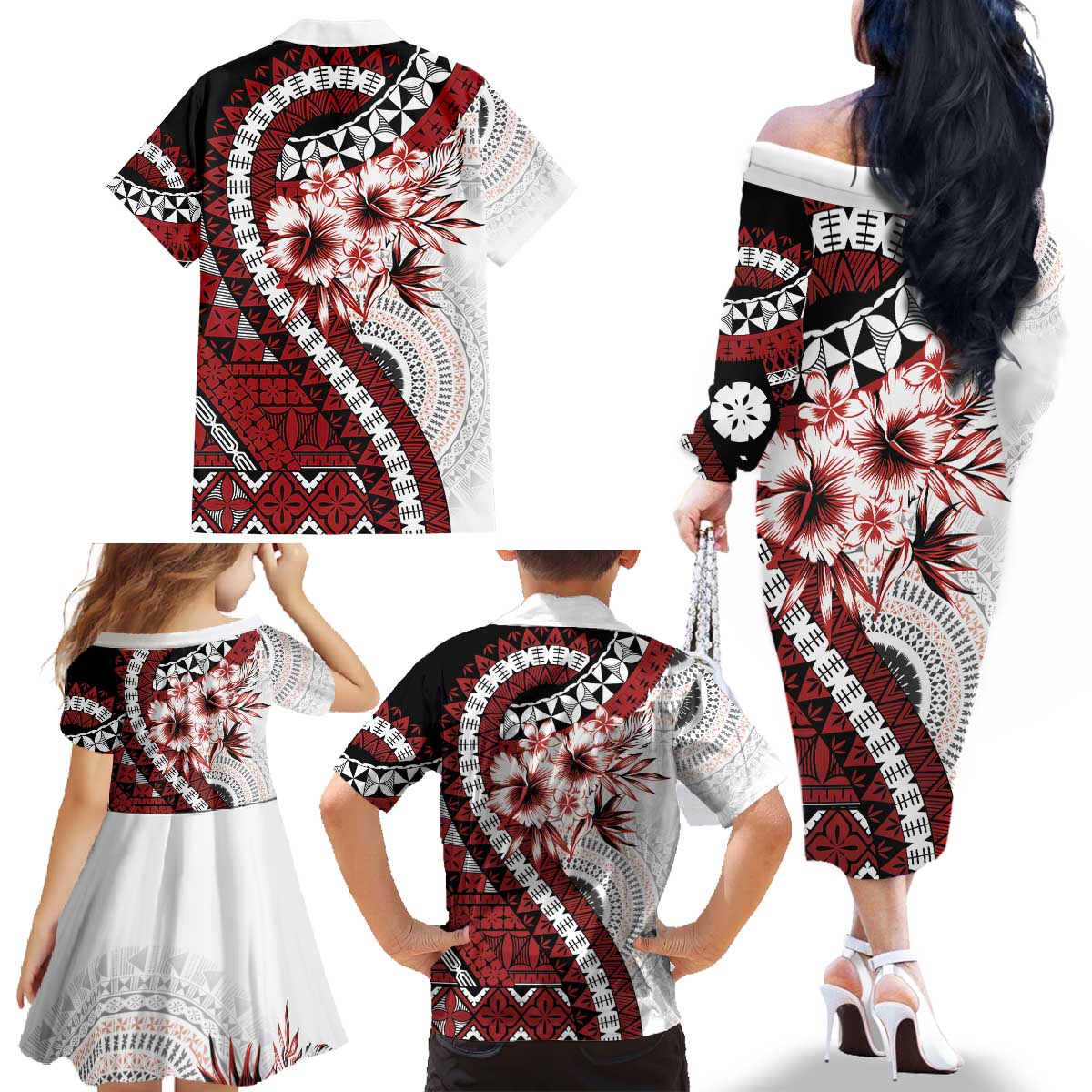 Bula Fiji Family Matching Off The Shoulder Long Sleeve Dress and Hawaiian Shirt White Kaivity Masi Tapa LT7 - Polynesian Pride