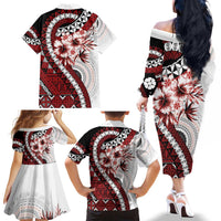 Bula Fiji Family Matching Off The Shoulder Long Sleeve Dress and Hawaiian Shirt White Kaivity Masi Tapa LT7 - Polynesian Pride