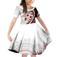 Bula Fiji Family Matching Off Shoulder Short Dress and Hawaiian Shirt White Kaivity Masi Tapa LT7 Daughter's Dress White - Polynesian Pride