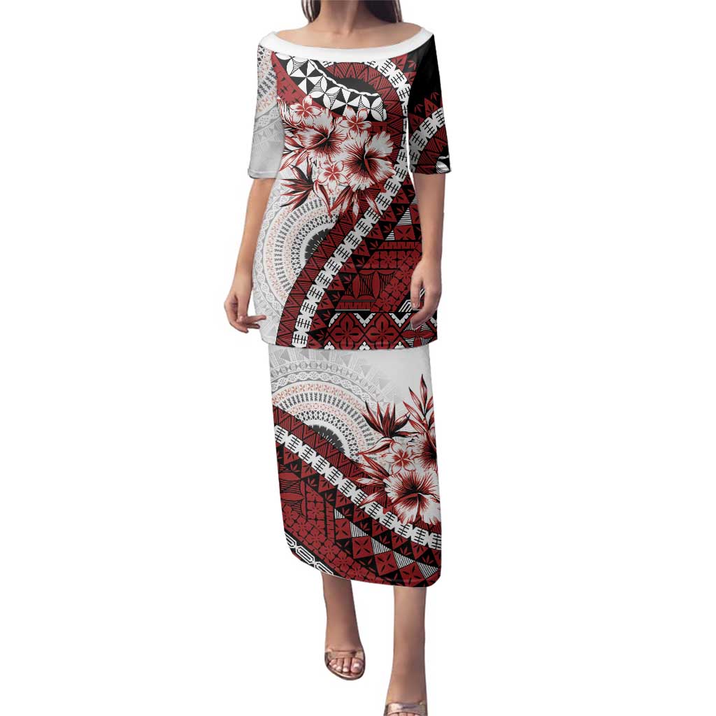 Bula Fiji Family Matching Puletasi and Hawaiian Shirt White Kaivity Masi Tapa LT7 Mom's Dress White - Polynesian Pride