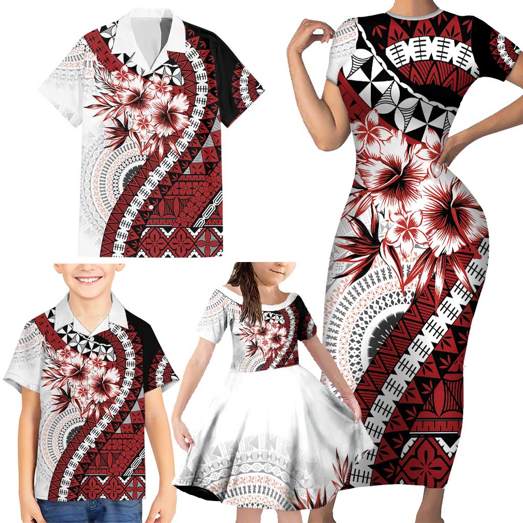 Bula Fiji Family Matching Short Sleeve Bodycon Dress and Hawaiian Shirt White Kaivity Masi Tapa LT7 - Polynesian Pride