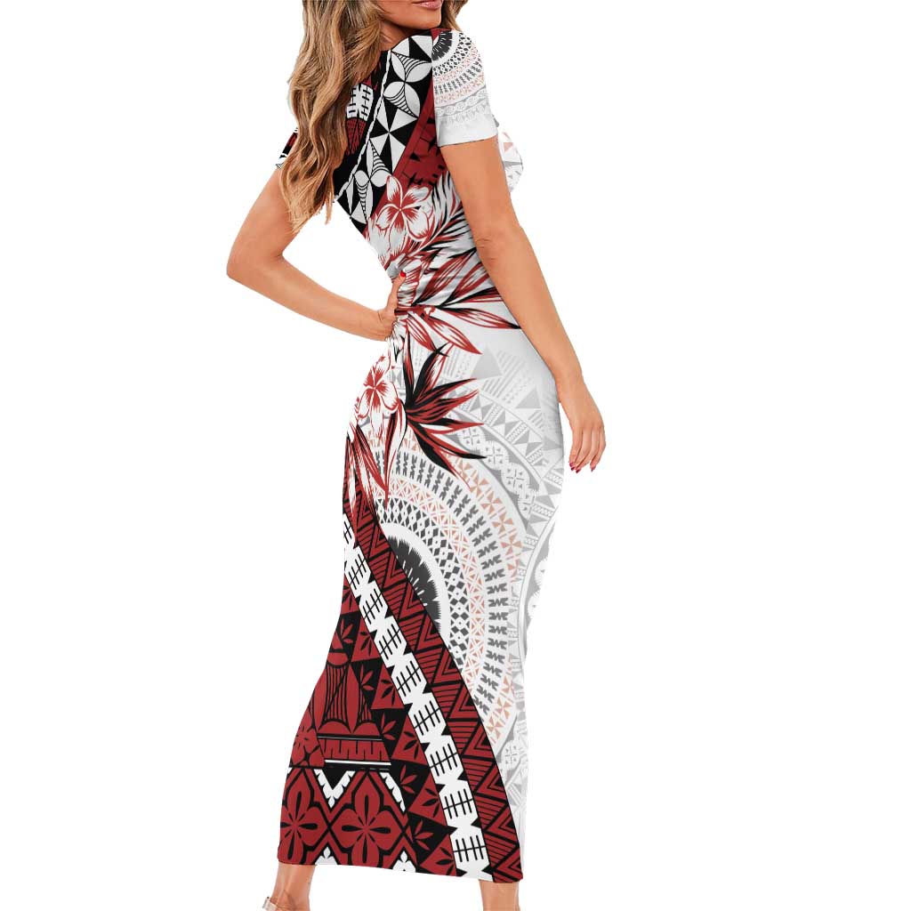 Bula Fiji Family Matching Short Sleeve Bodycon Dress and Hawaiian Shirt White Kaivity Masi Tapa LT7 - Polynesian Pride