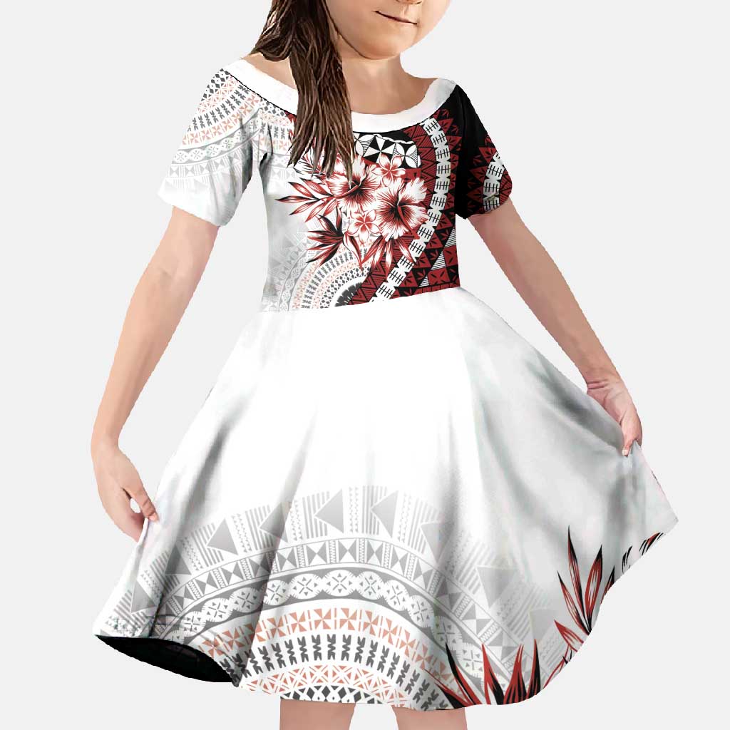 Bula Fiji Family Matching Summer Maxi Dress and Hawaiian Shirt White Kaivity Masi Tapa LT7 Daughter's Dress White - Polynesian Pride