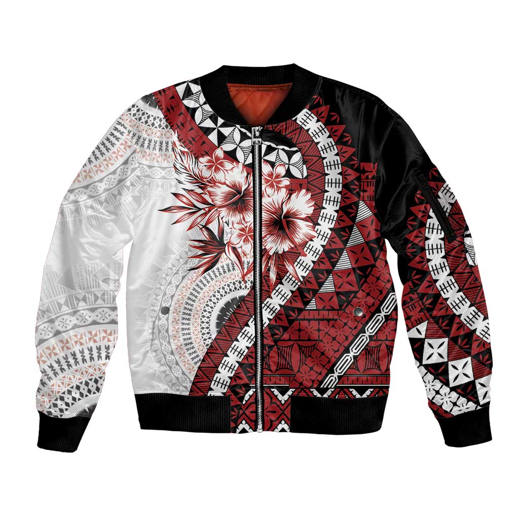 Bula Fiji Sleeve Zip Bomber Jacket White Kaivity Masi Tapa LT7 Unisex White - Polynesian Pride