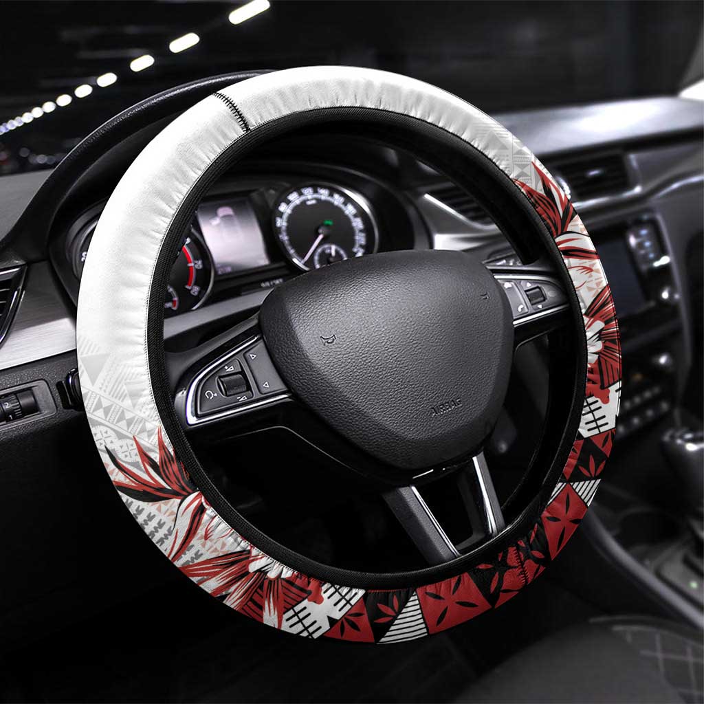 Bula Fiji Steering Wheel Cover White Kaivity Masi Tapa LT7 Universal Fit White - Polynesian Pride