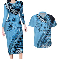 Bula Fiji Couples Matching Long Sleeve Bodycon Dress and Hawaiian Shirt Turquoise Kaivity Masi Tapa LT7 Turquoise - Polynesian Pride
