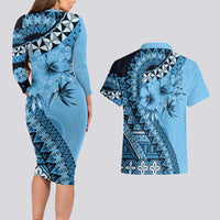 Bula Fiji Couples Matching Long Sleeve Bodycon Dress and Hawaiian Shirt Turquoise Kaivity Masi Tapa LT7 - Polynesian Pride