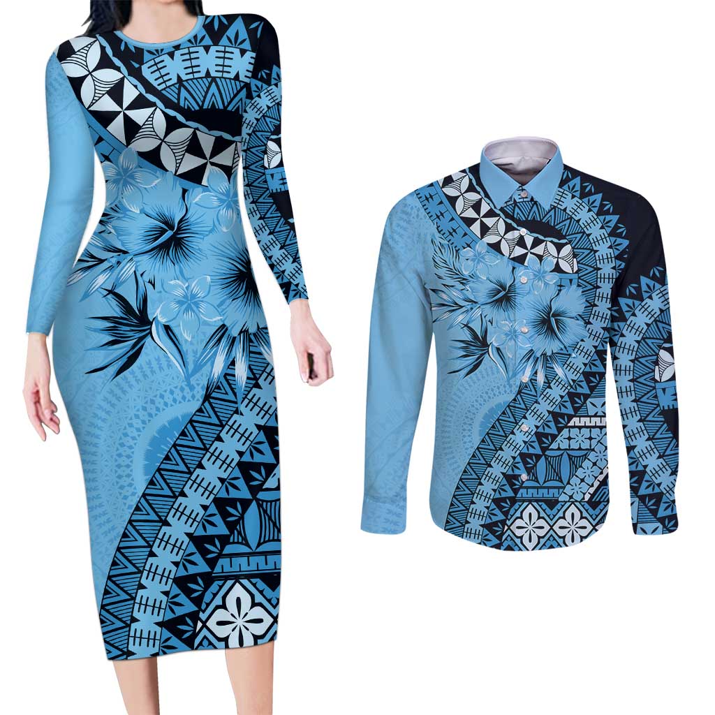 Bula Fiji Couples Matching Long Sleeve Bodycon Dress and Long Sleeve Button Shirt Turquoise Kaivity Masi Tapa LT7 Turquoise - Polynesian Pride