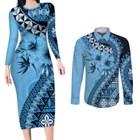 Bula Fiji Couples Matching Long Sleeve Bodycon Dress and Long Sleeve Button Shirt Turquoise Kaivity Masi Tapa LT7 Turquoise - Polynesian Pride