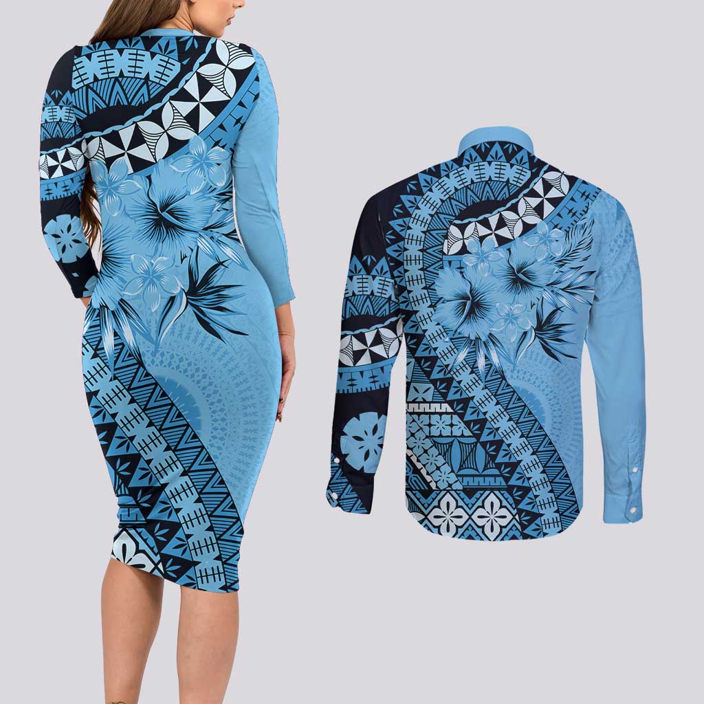 Bula Fiji Couples Matching Long Sleeve Bodycon Dress and Long Sleeve Button Shirt Turquoise Kaivity Masi Tapa LT7 - Polynesian Pride