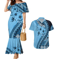 Bula Fiji Couples Matching Mermaid Dress and Hawaiian Shirt Turquoise Kaivity Masi Tapa LT7 Turquoise - Polynesian Pride