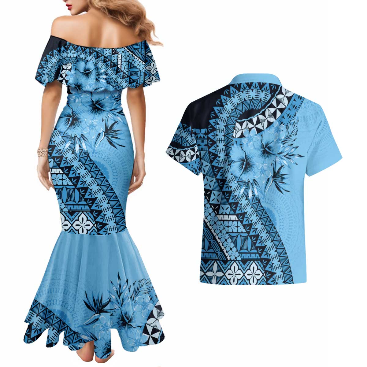Bula Fiji Couples Matching Mermaid Dress and Hawaiian Shirt Turquoise Kaivity Masi Tapa LT7 - Polynesian Pride