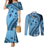 Bula Fiji Couples Matching Mermaid Dress and Long Sleeve Button Shirt Turquoise Kaivity Masi Tapa LT7 Turquoise - Polynesian Pride