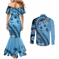 Bula Fiji Couples Matching Mermaid Dress and Long Sleeve Button Shirt Turquoise Kaivity Masi Tapa LT7 - Polynesian Pride