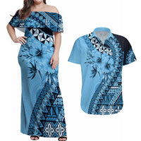 Bula Fiji Couples Matching Off Shoulder Maxi Dress and Hawaiian Shirt Turquoise Kaivity Masi Tapa LT7 Turquoise - Polynesian Pride