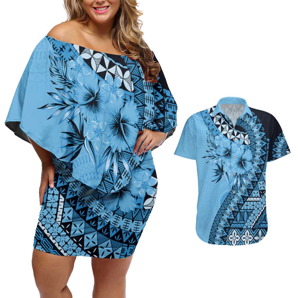 Bula Fiji Couples Matching Off Shoulder Short Dress and Hawaiian Shirt Turquoise Kaivity Masi Tapa LT7 Turquoise - Polynesian Pride
