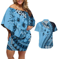Bula Fiji Couples Matching Off Shoulder Short Dress and Hawaiian Shirt Turquoise Kaivity Masi Tapa LT7 Turquoise - Polynesian Pride