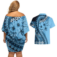 Bula Fiji Couples Matching Off Shoulder Short Dress and Hawaiian Shirt Turquoise Kaivity Masi Tapa LT7 - Polynesian Pride