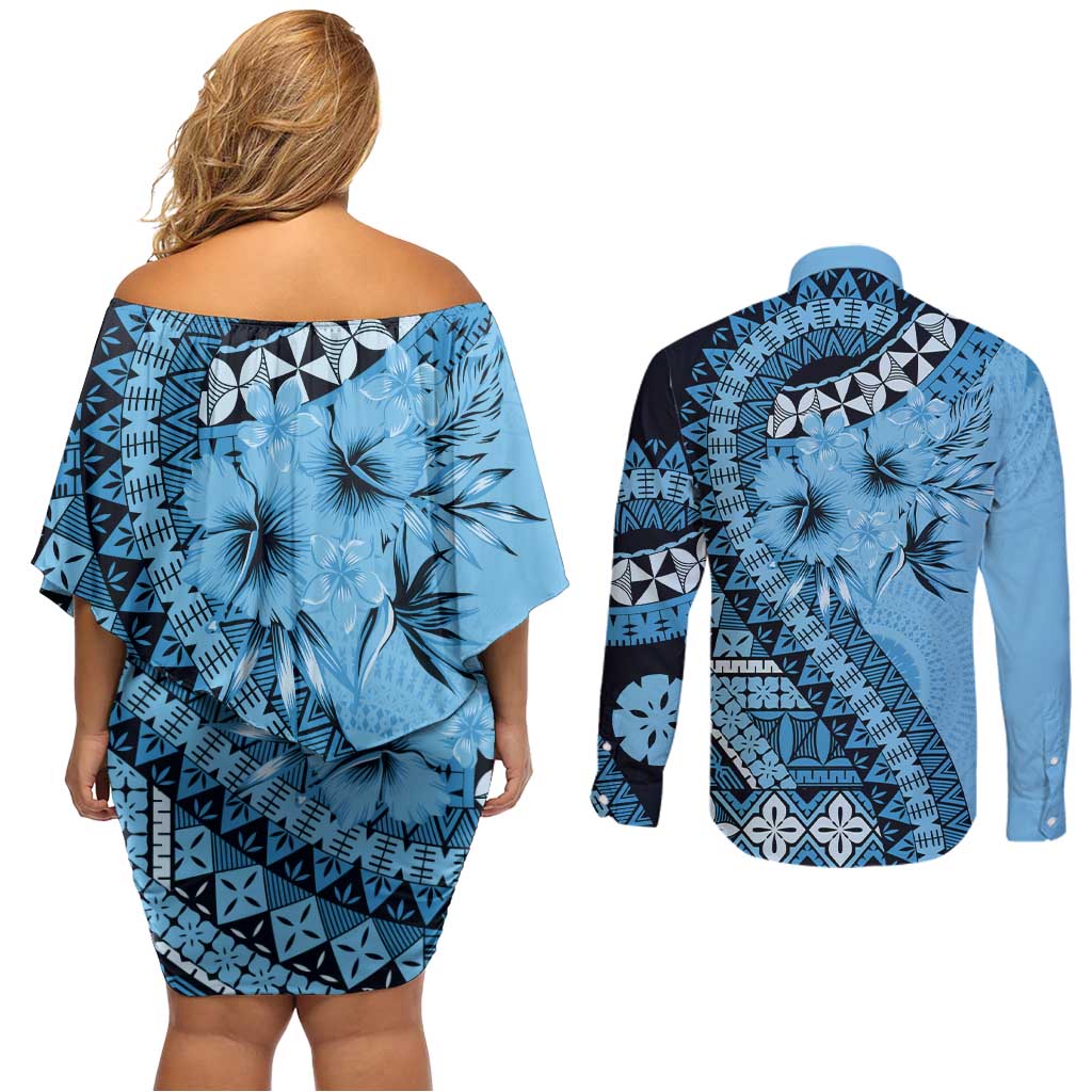 Bula Fiji Couples Matching Off Shoulder Short Dress and Long Sleeve Button Shirt Turquoise Kaivity Masi Tapa LT7 - Polynesian Pride