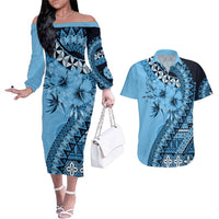 Bula Fiji Couples Matching Off The Shoulder Long Sleeve Dress and Hawaiian Shirt Turquoise Kaivity Masi Tapa LT7 Turquoise - Polynesian Pride
