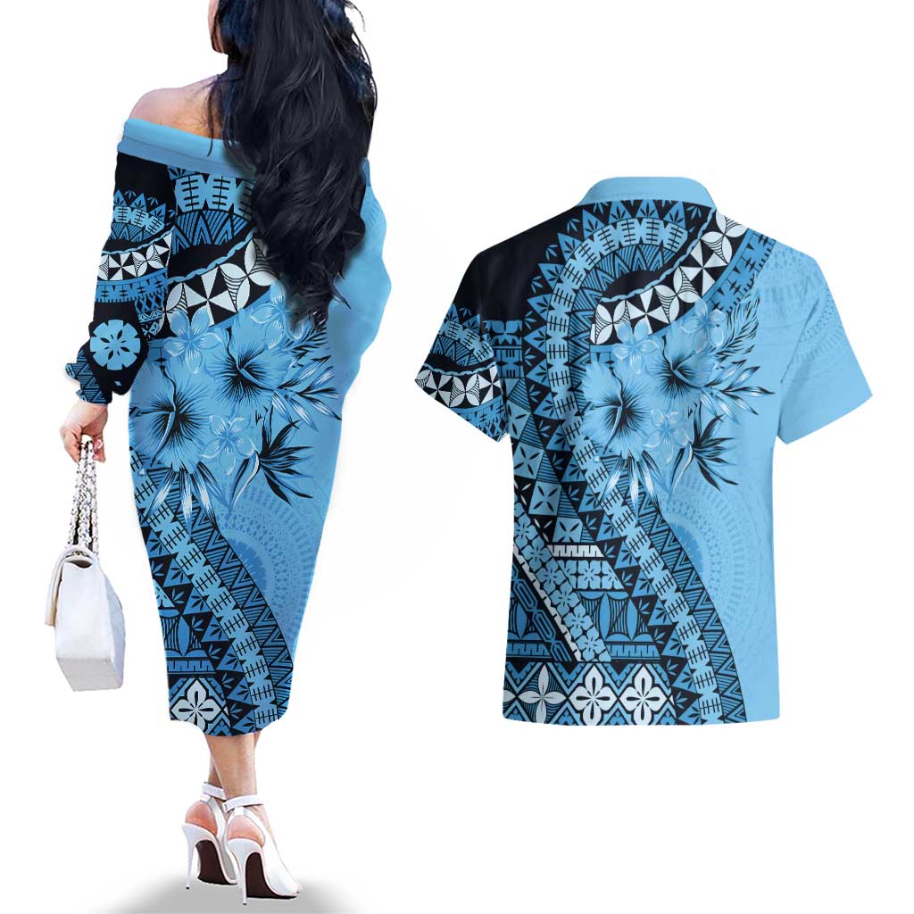 Bula Fiji Couples Matching Off The Shoulder Long Sleeve Dress and Hawaiian Shirt Turquoise Kaivity Masi Tapa LT7 - Polynesian Pride
