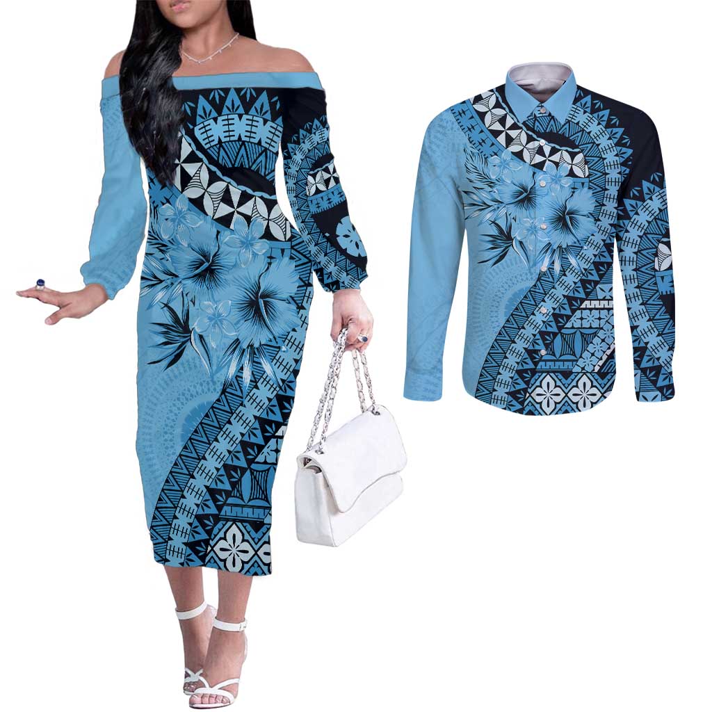 Bula Fiji Couples Matching Off The Shoulder Long Sleeve Dress and Long Sleeve Button Shirt Turquoise Kaivity Masi Tapa LT7 Turquoise - Polynesian Pride