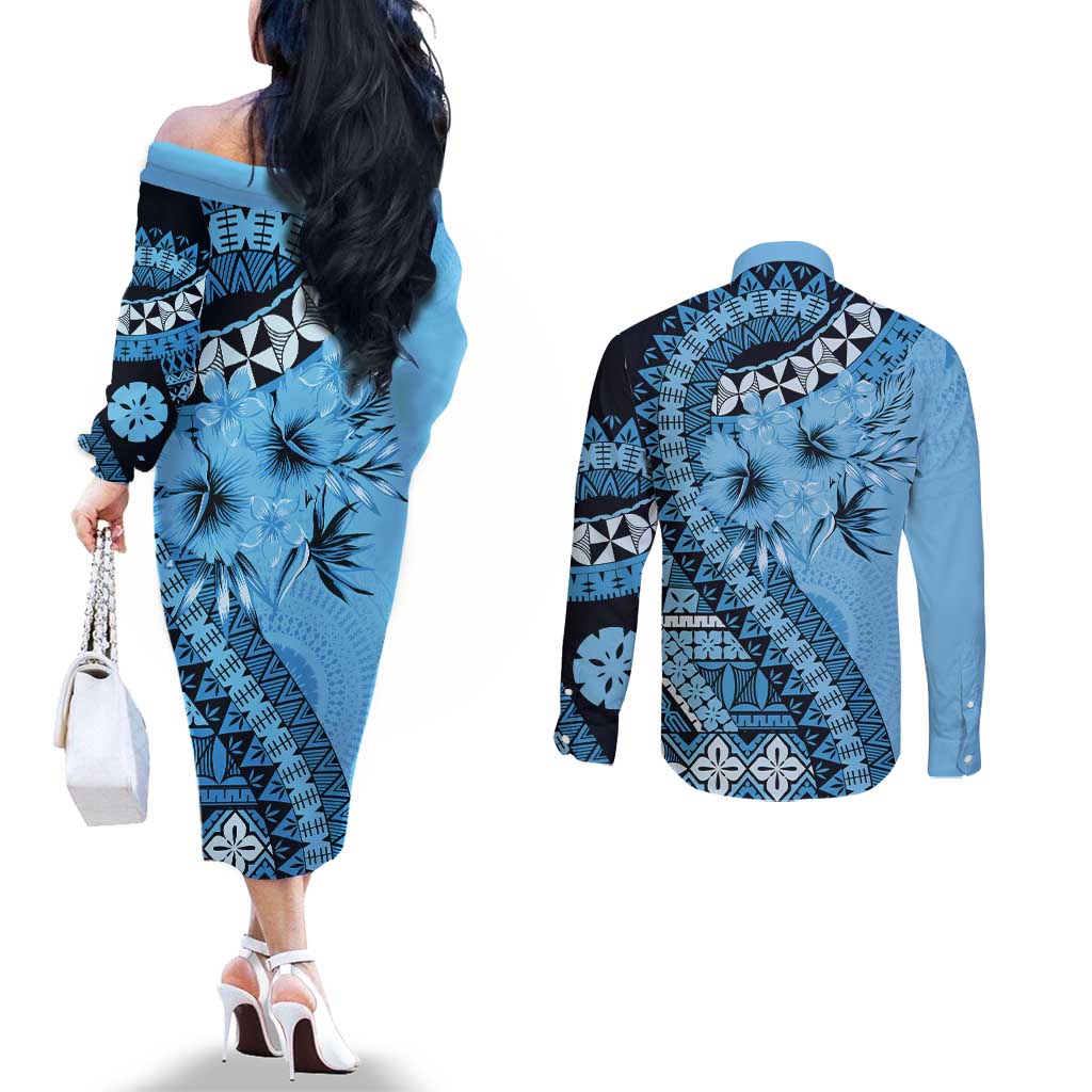 Bula Fiji Couples Matching Off The Shoulder Long Sleeve Dress and Long Sleeve Button Shirt Turquoise Kaivity Masi Tapa LT7 - Polynesian Pride