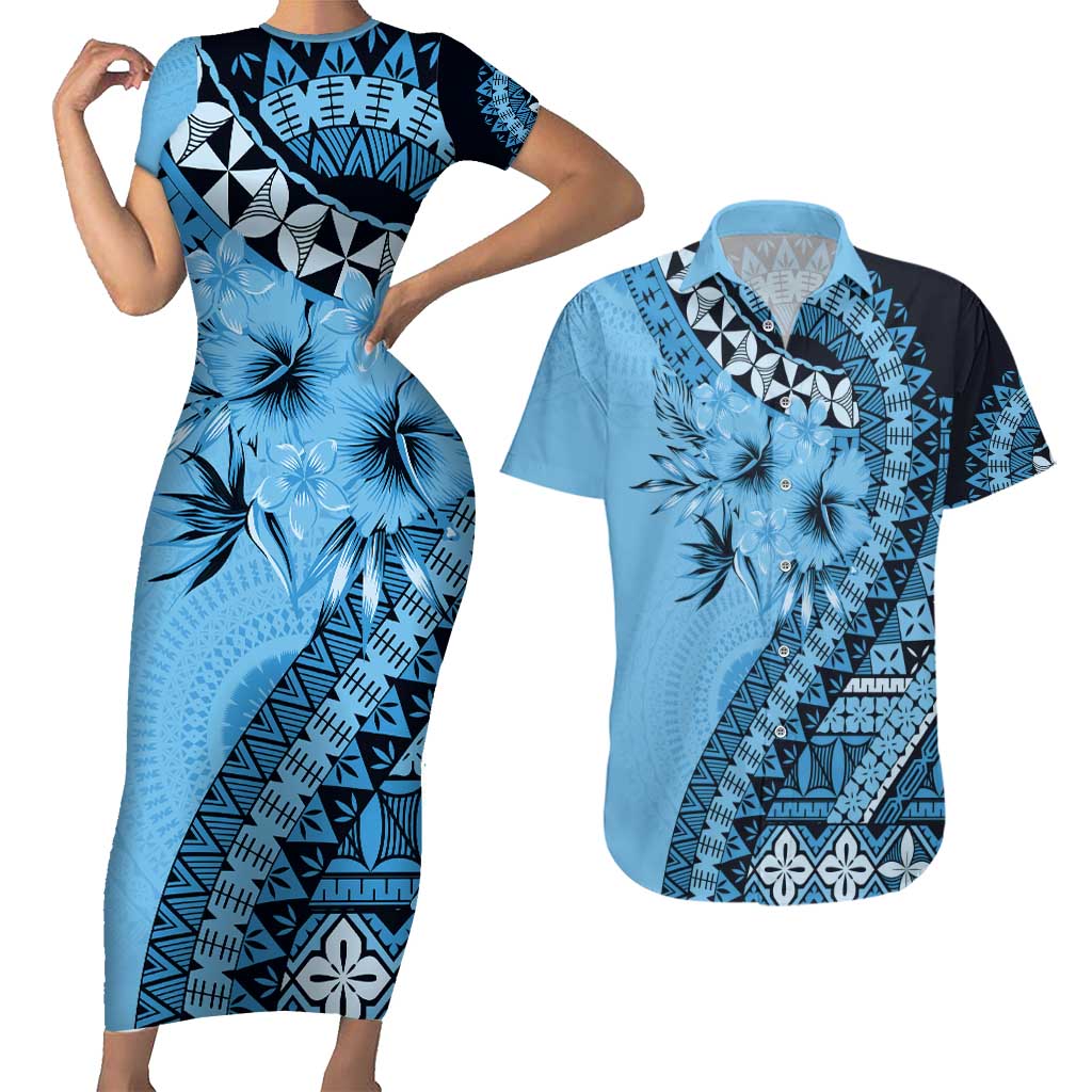 Bula Fiji Couples Matching Short Sleeve Bodycon Dress and Hawaiian Shirt Turquoise Kaivity Masi Tapa LT7 Turquoise - Polynesian Pride