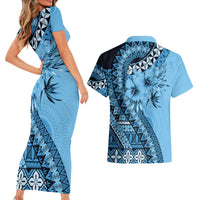 Bula Fiji Couples Matching Short Sleeve Bodycon Dress and Hawaiian Shirt Turquoise Kaivity Masi Tapa LT7 - Polynesian Pride