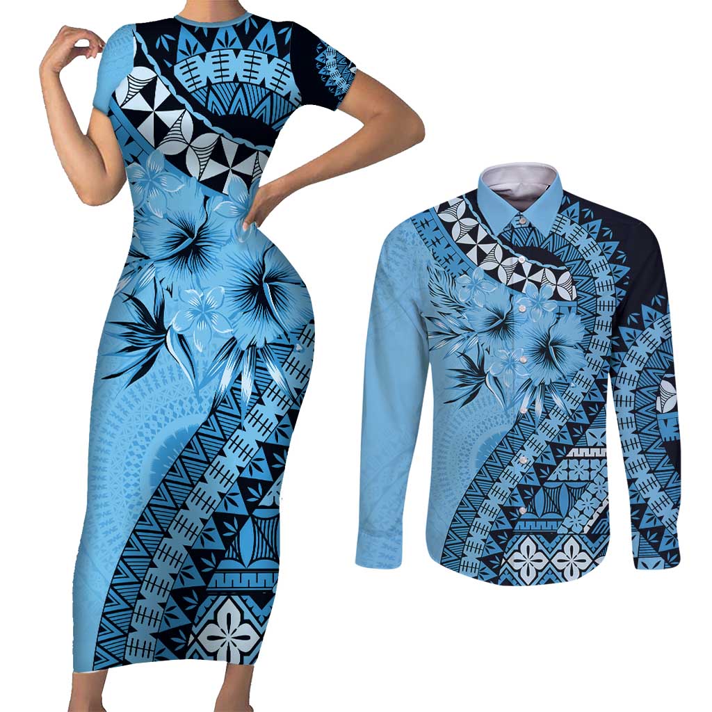 Bula Fiji Couples Matching Short Sleeve Bodycon Dress and Long Sleeve Button Shirt Turquoise Kaivity Masi Tapa LT7 Turquoise - Polynesian Pride