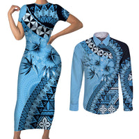 Bula Fiji Couples Matching Short Sleeve Bodycon Dress and Long Sleeve Button Shirt Turquoise Kaivity Masi Tapa LT7 Turquoise - Polynesian Pride