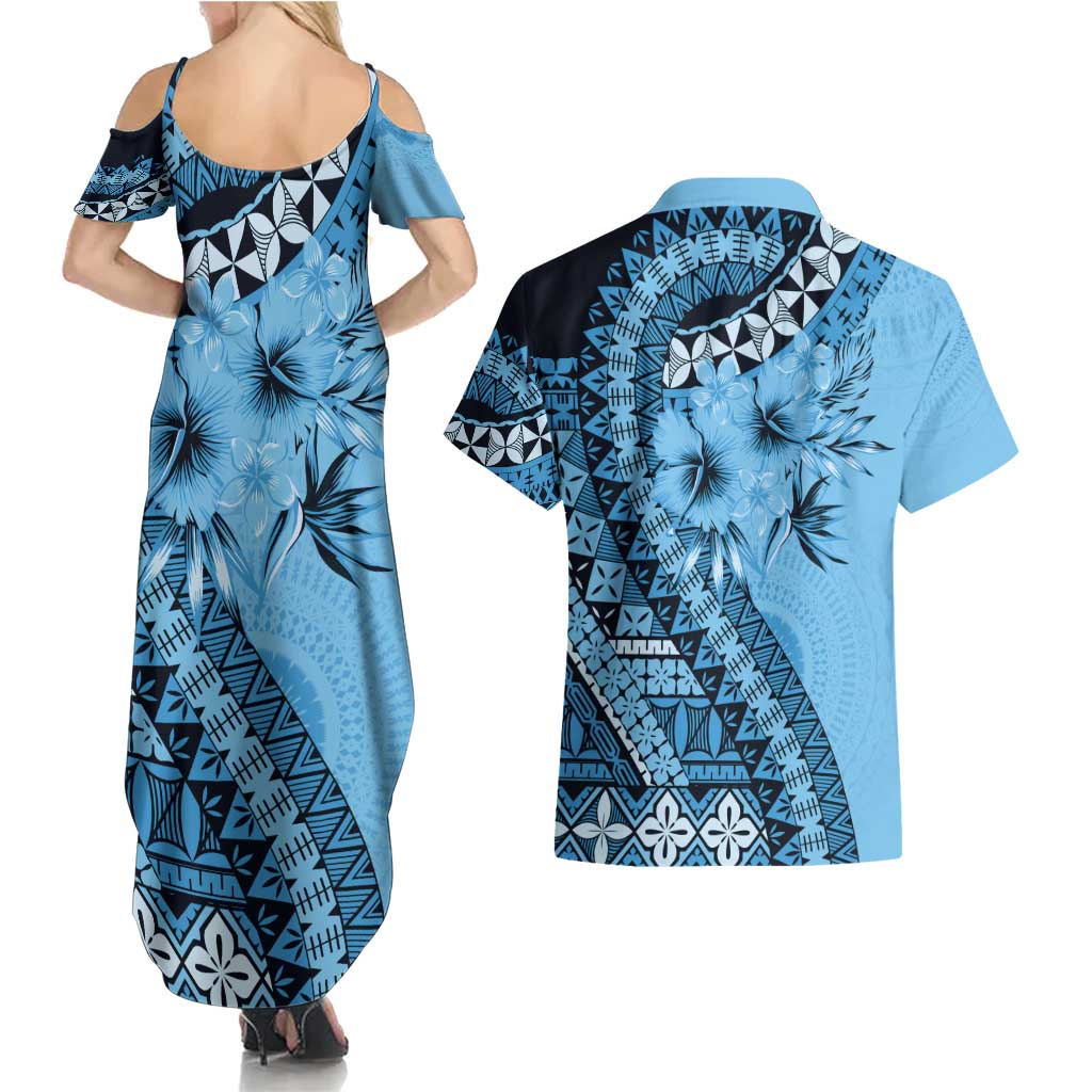 Bula Fiji Couples Matching Summer Maxi Dress and Hawaiian Shirt Turquoise Kaivity Masi Tapa LT7 - Polynesian Pride