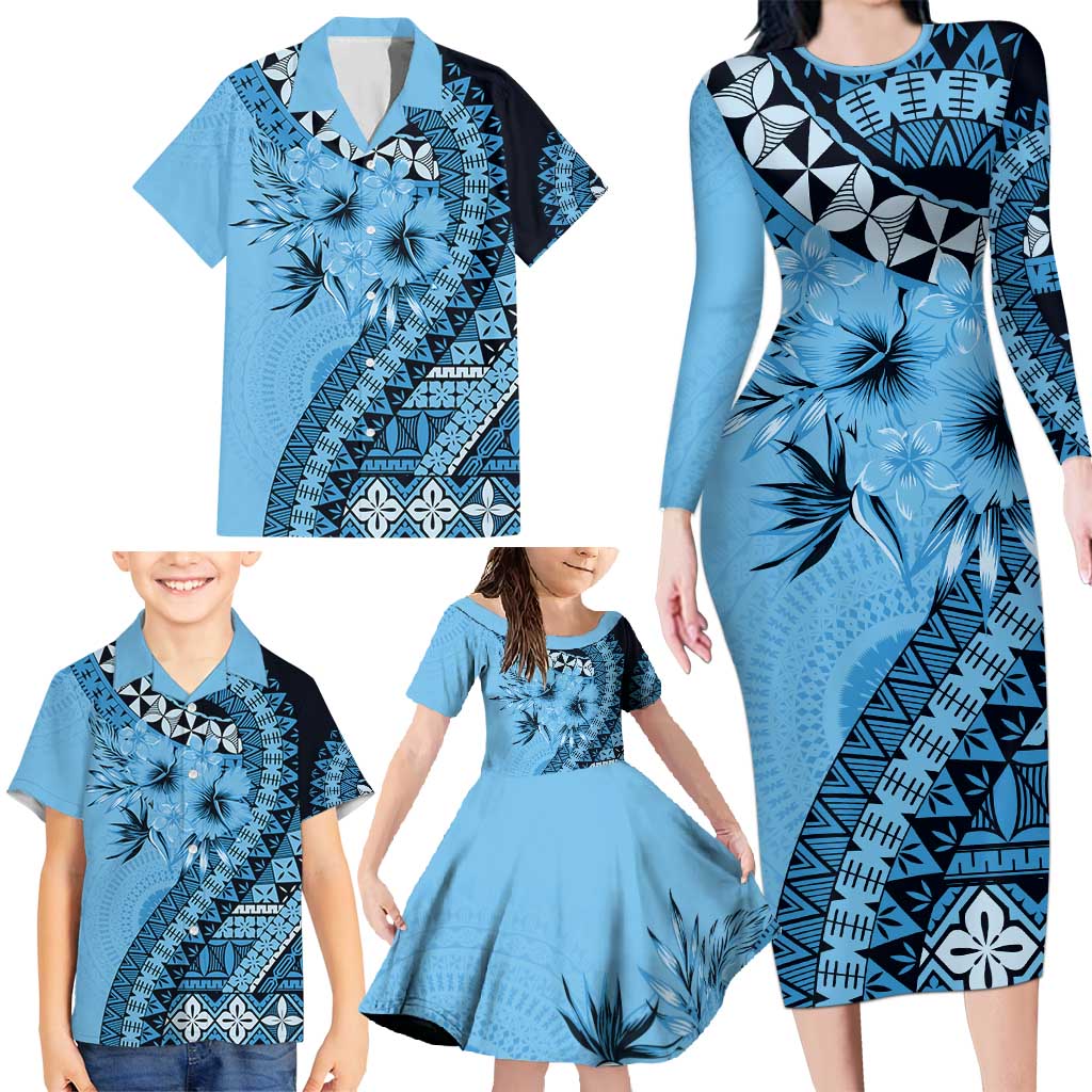 Bula Fiji Family Matching Long Sleeve Bodycon Dress and Hawaiian Shirt Turquoise Kaivity Masi Tapa LT7 - Polynesian Pride