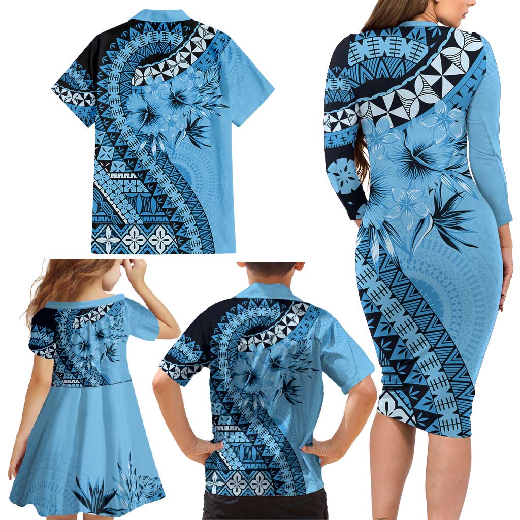 Bula Fiji Family Matching Long Sleeve Bodycon Dress and Hawaiian Shirt Turquoise Kaivity Masi Tapa LT7 - Polynesian Pride